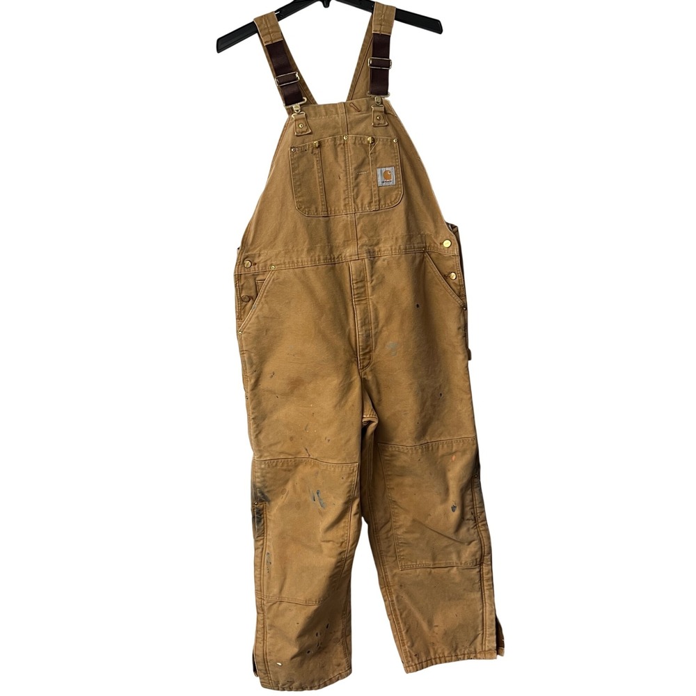 Carhartt R02 BRN Quilt Lined Duck Bib Overalls Mens 44x32 USA Made Vintage Y2K